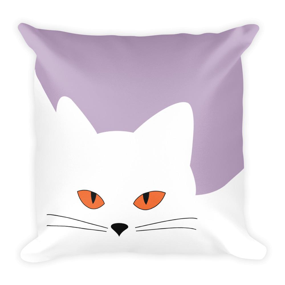 Inscrutable Cat White Cat Mauve Square Pillow in Front View