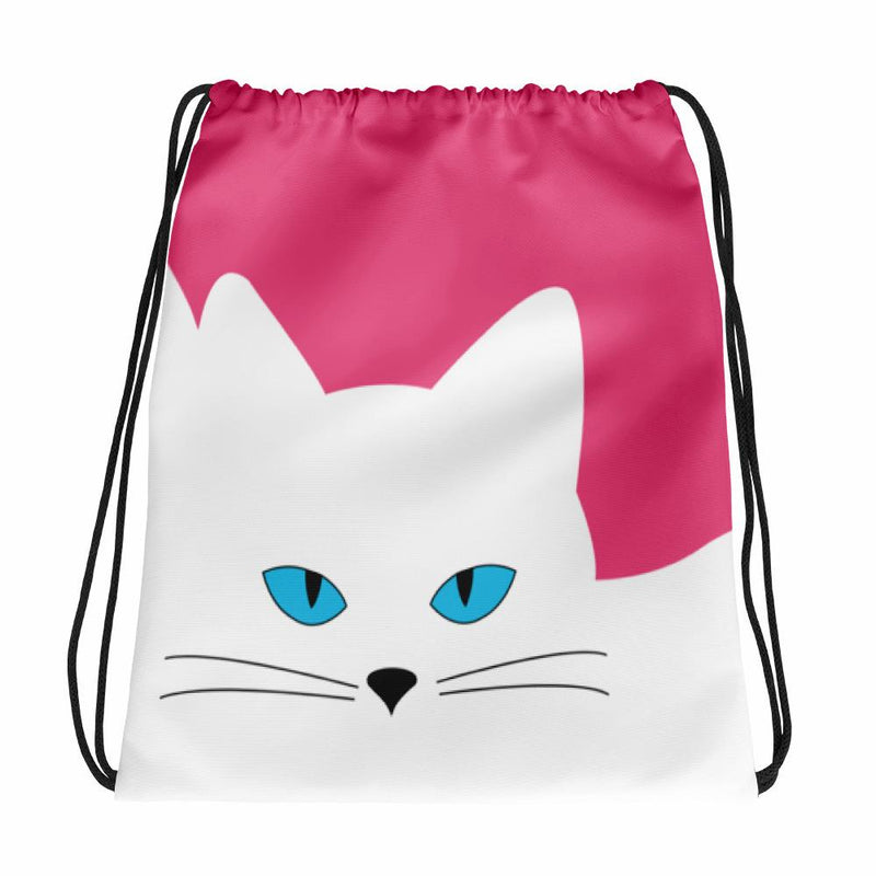 Inscrutable Cat Juicy Fruity Pink Drawstring bag in Front View