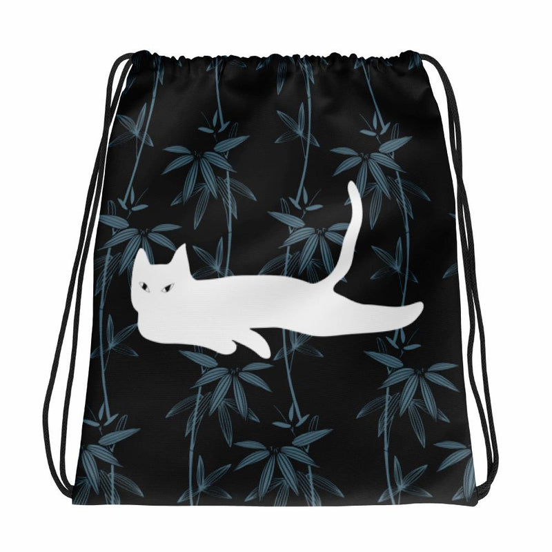 Cat Noir Black Flower Drawstring bag with a White Cat