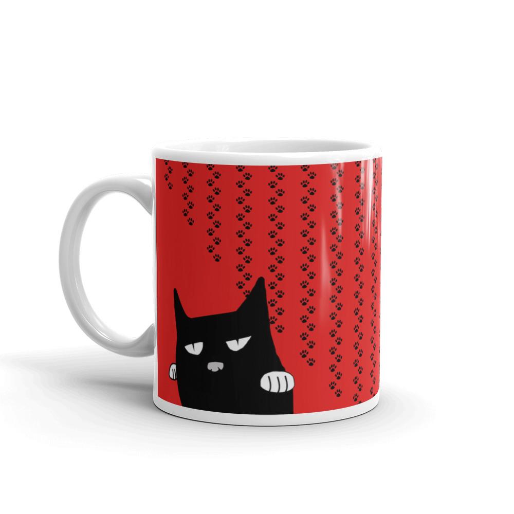 Evil Cat Pawprints Red Mug in Right Side View 11oz