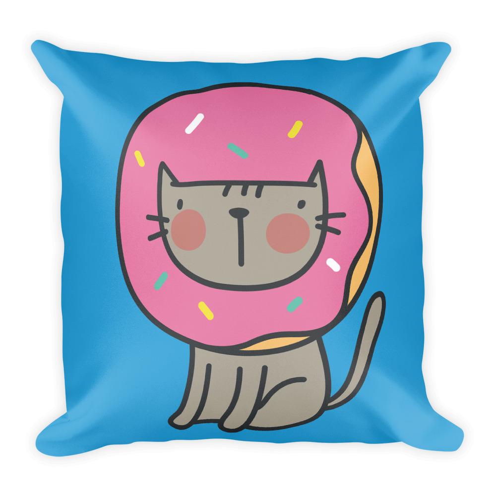 Summer Cat ' Donut' Blue Square Pillow