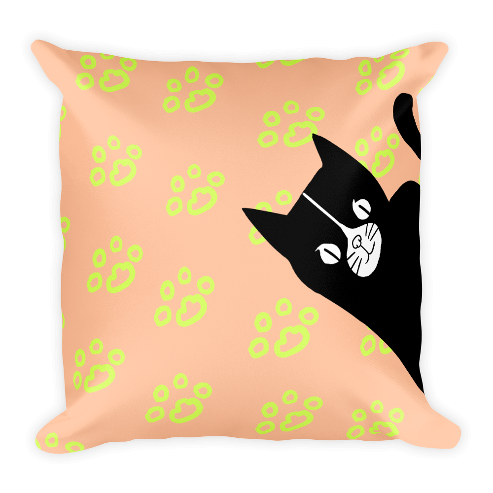 Evil Cat Paw Prints Lime Square Pillow in Peach Background