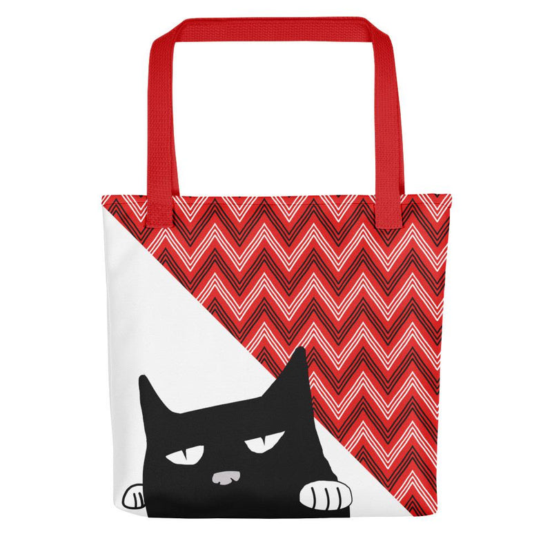 Evil Cat zig zag white Tote bag in front view red handle