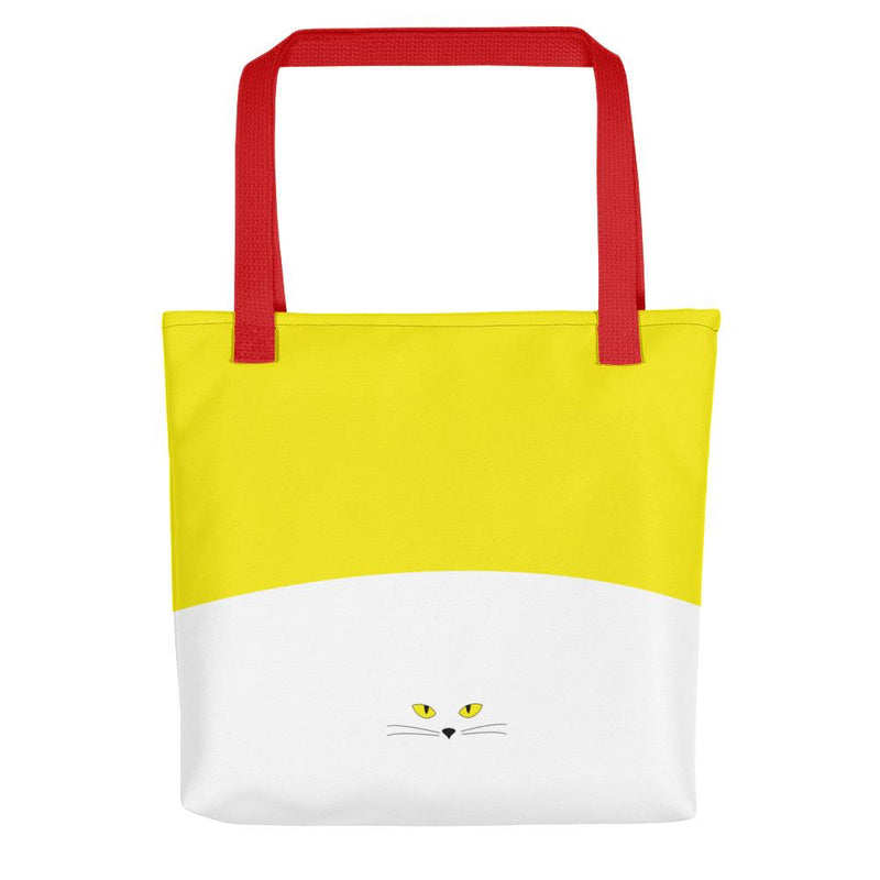 Inscrutable Cat Juicy Fruity Banana Tote bag Back View in Red Handle