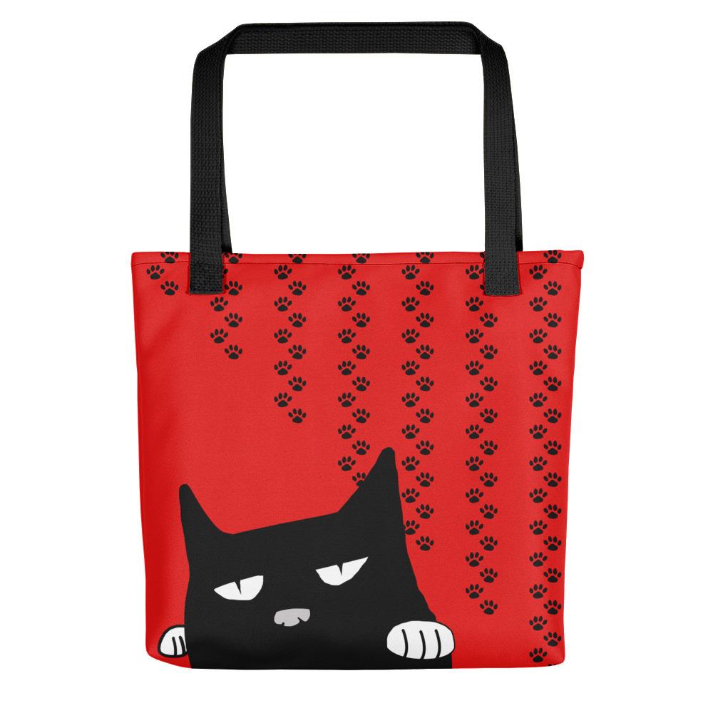 Evil Cat Pawprints Red Tote bag in Front View Black Handle