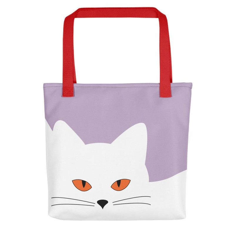 Inscrutable Cat Juicy Fruity Damson Tote bag Front View in Red Handle