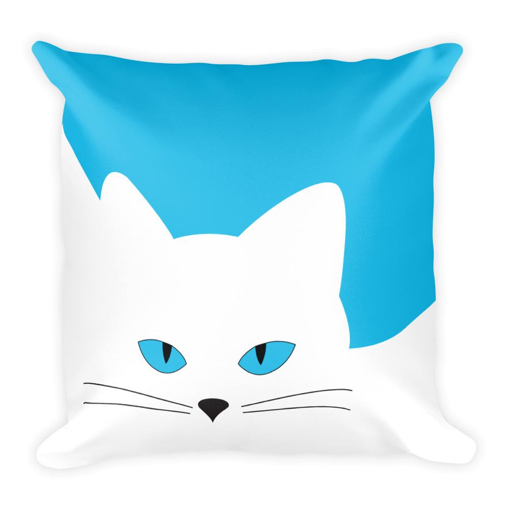 Inscrutable Cat White Cat Blue Square Pillow in Front View