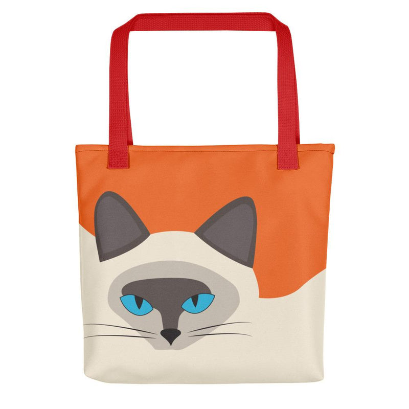Inscrutable Cat 'Siamese Cat Orange' Tote bag in Red Handle Front