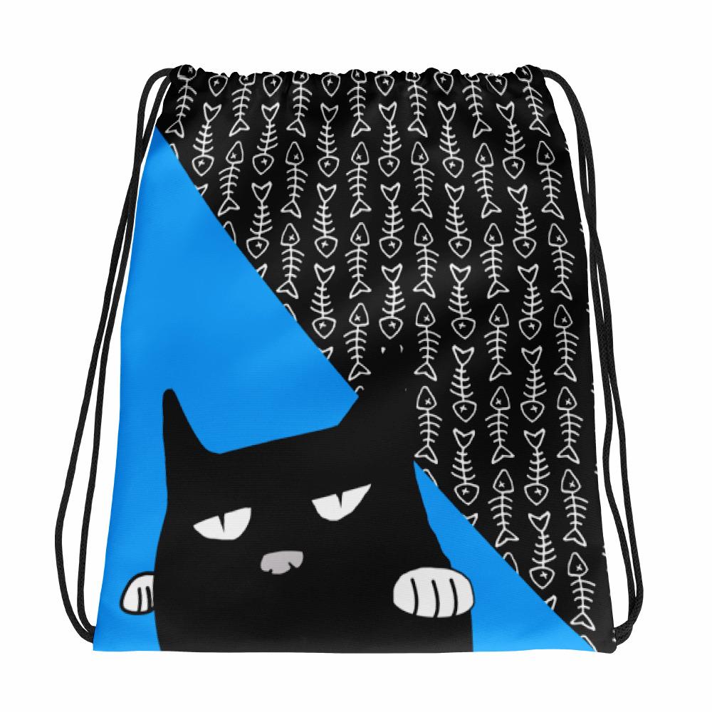 Evil Cat Fishbone Blue Drawstring bag Black Cat in Front View