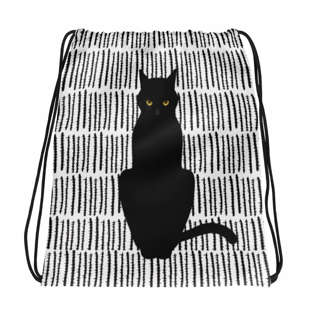Cat Noir Panther Black and White Drawstring bag in Front View