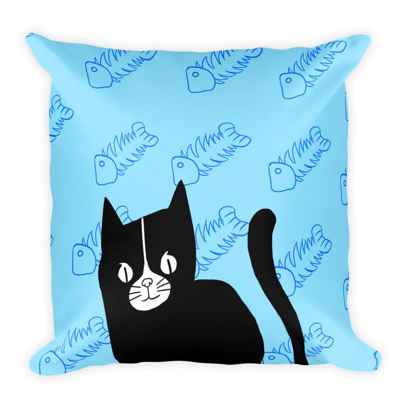 Evil Cat Fishbone Blue Square Pillow in Light Blue Background