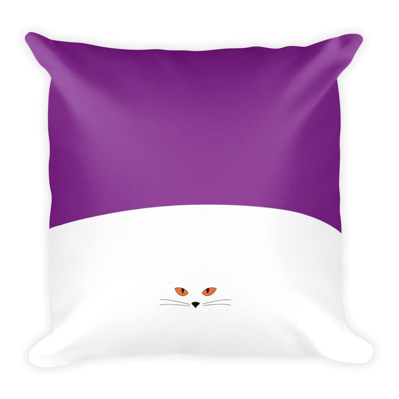 Inscrutable Cat White Cat Violet Square Pillow in Back View