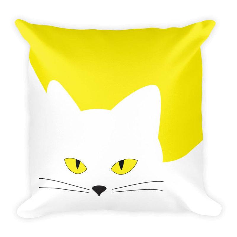 Inscrutable Cat White Cat Yellow Square Pillow in Front View