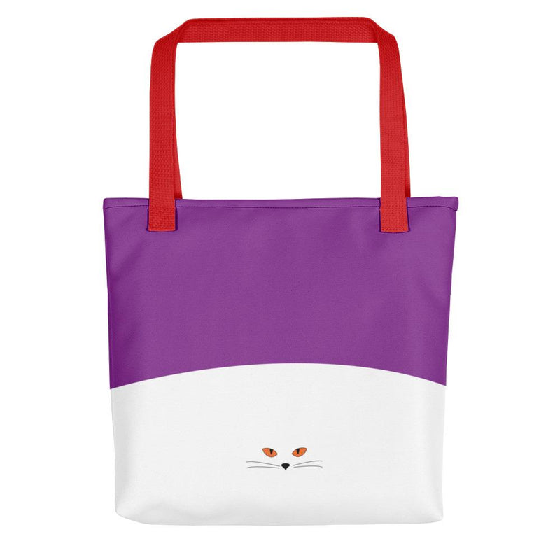 Inscrutable Cat Juicy Fruity Plum Tote bag Back View in Red Handle