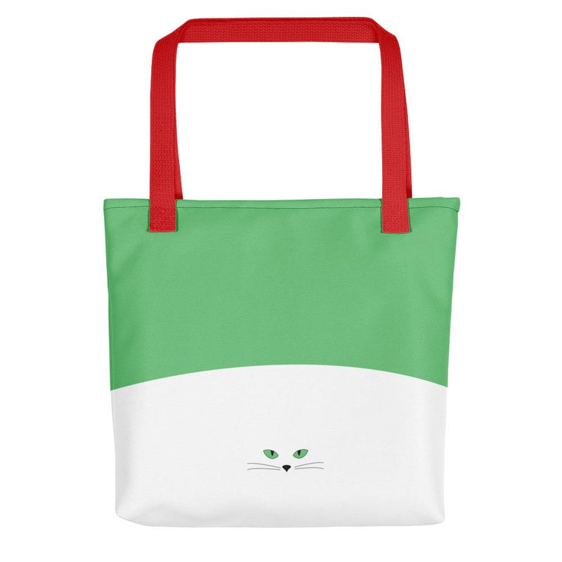 Inscrutable Cat Juicy Fruity Kiwi Tote bag Back View in Red Handle