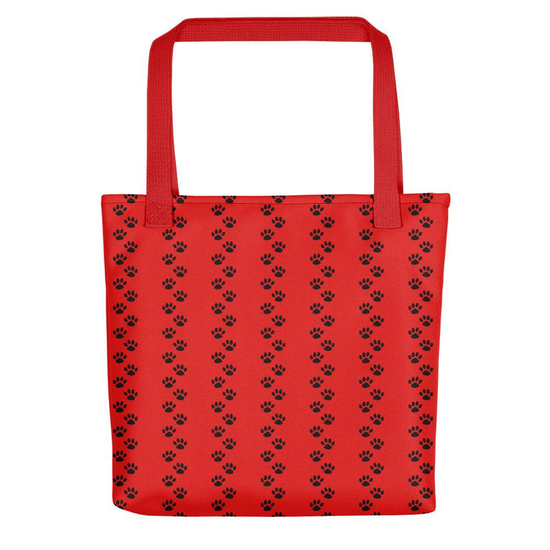 Evil Cat Pawprints Red Tote bag in Front View Red Handle Pattern
