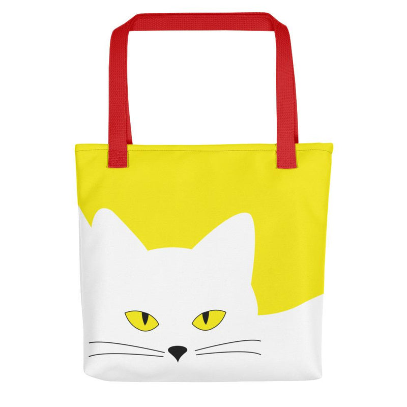 Inscrutable Cat Juicy Fruity Banana Tote bag Front View in Red Handle