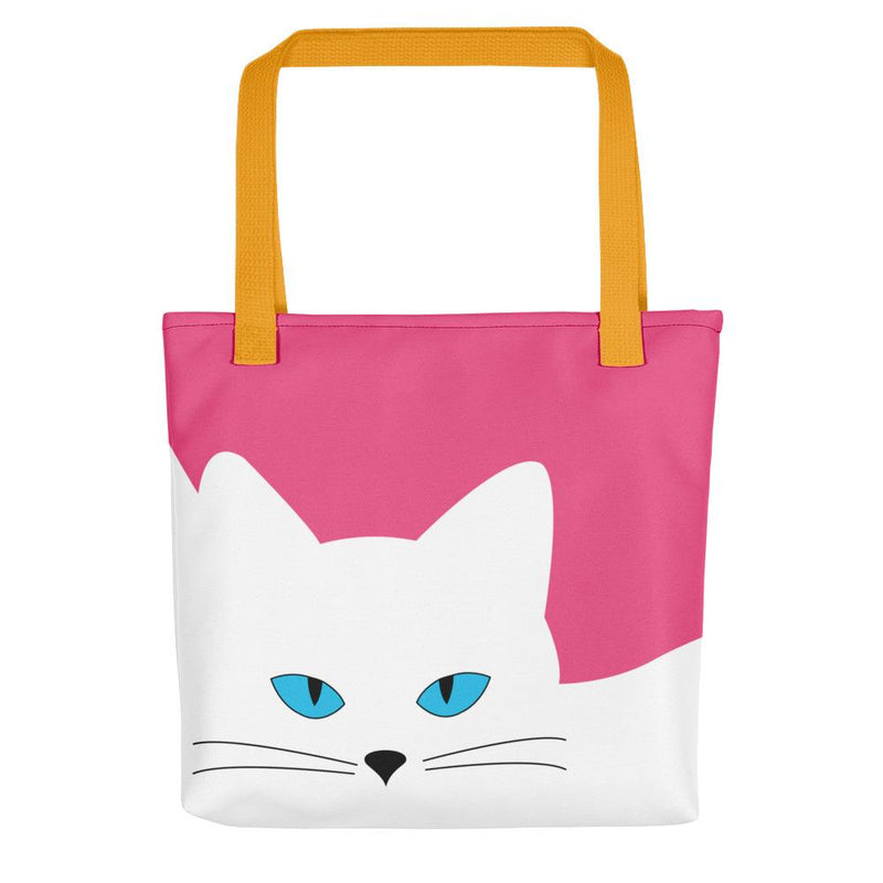 Inscrutable Cat Juicy Fruity Pink Tote bag Front View in Yellow Handle