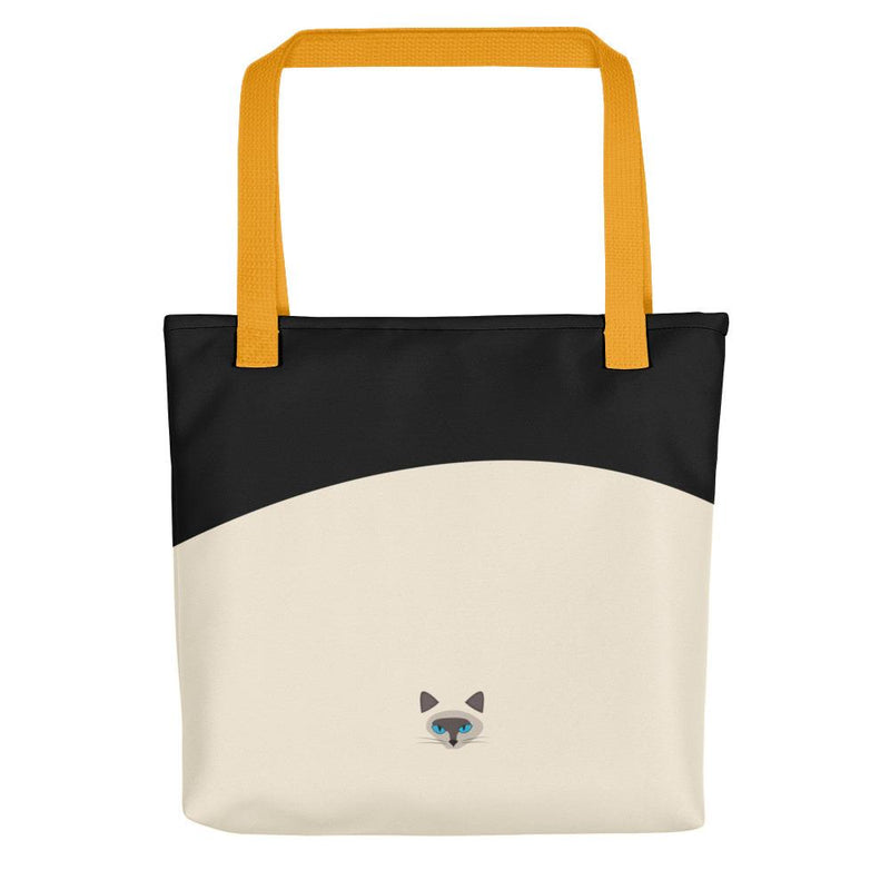 Inscrutable Cat Siamese Cat Black Tote bag in Yellow Handle Back