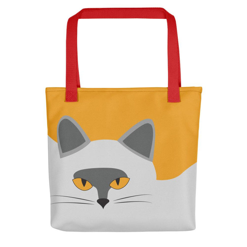 Inscrutable Cat Smoky Cat Gold Tote bag in Red Handle Front View