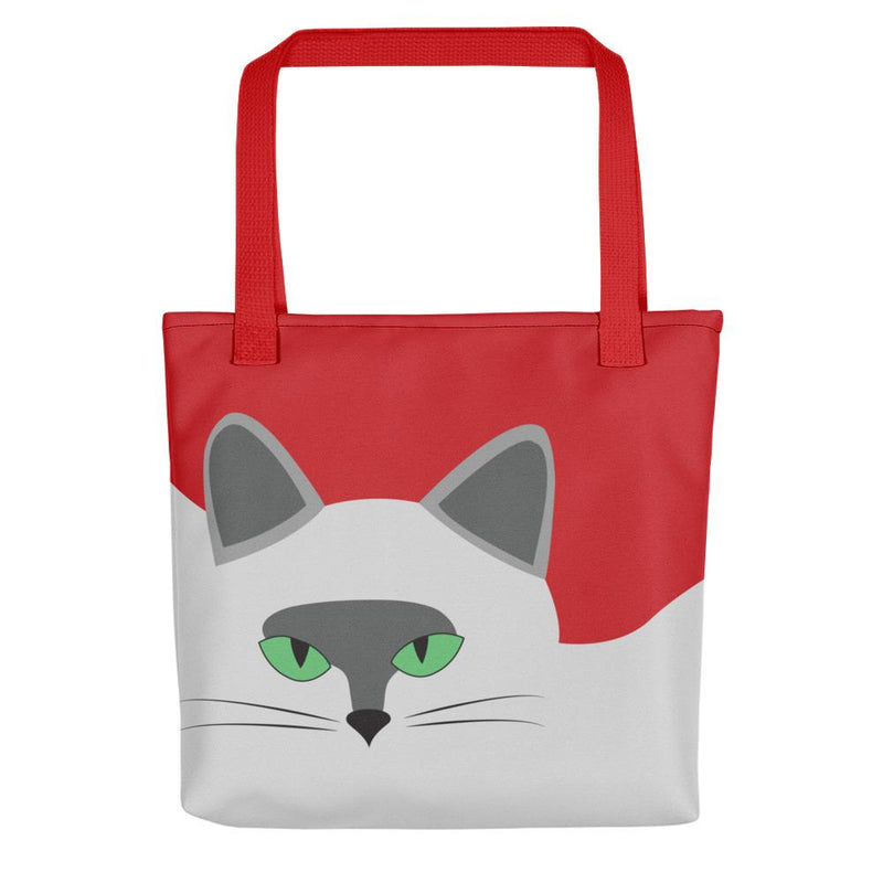 Inscrutable Cat Smoky Cat Red Tote bag in Red Handle Front View