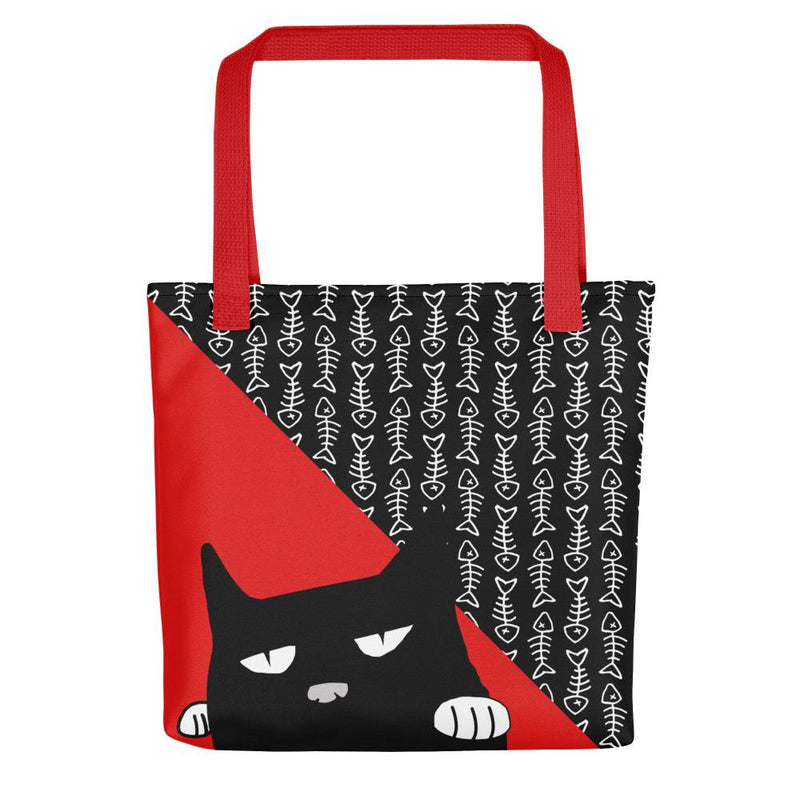 Evil Cat Fishbone Red Tote bag in Front View Red Handle