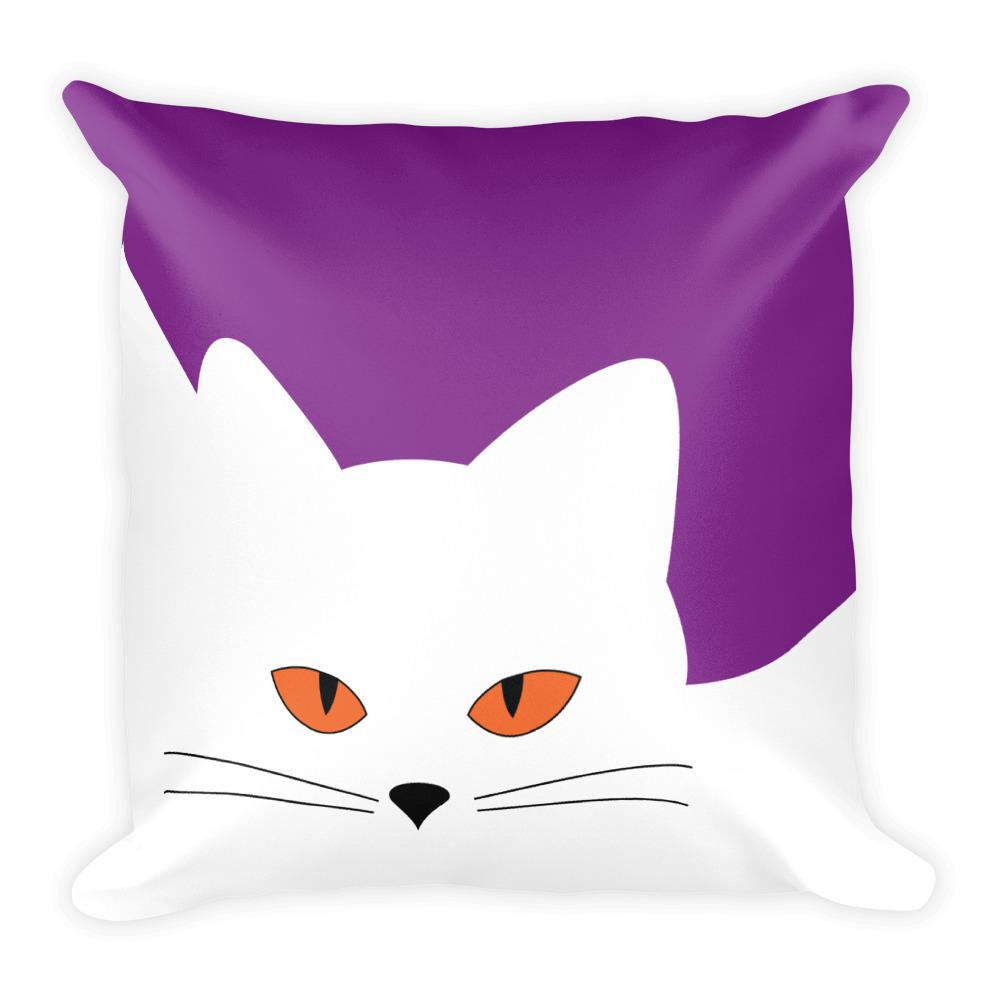 Inscrutable Cat White Cat Violet Square Pillow in Front View