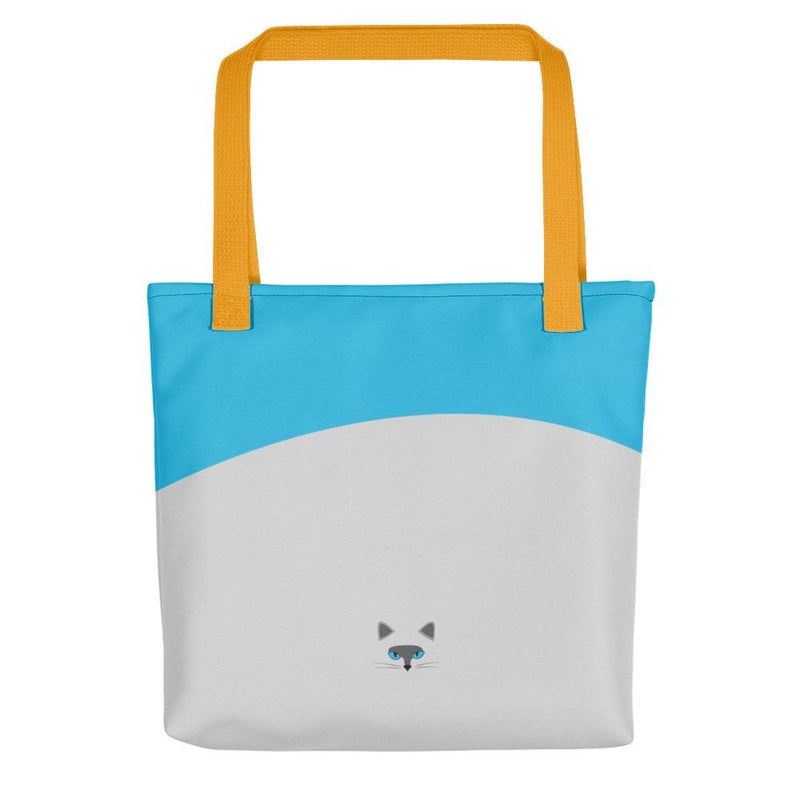 Inscrutable Cat Smoky Cat Blue Tote bag in Yellow Handle Back View