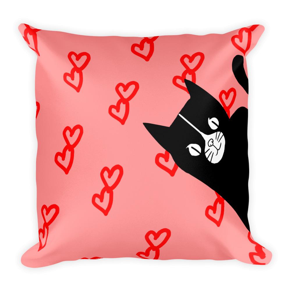 Evil Cat Hearts Red Square Pillow in Tomato Background