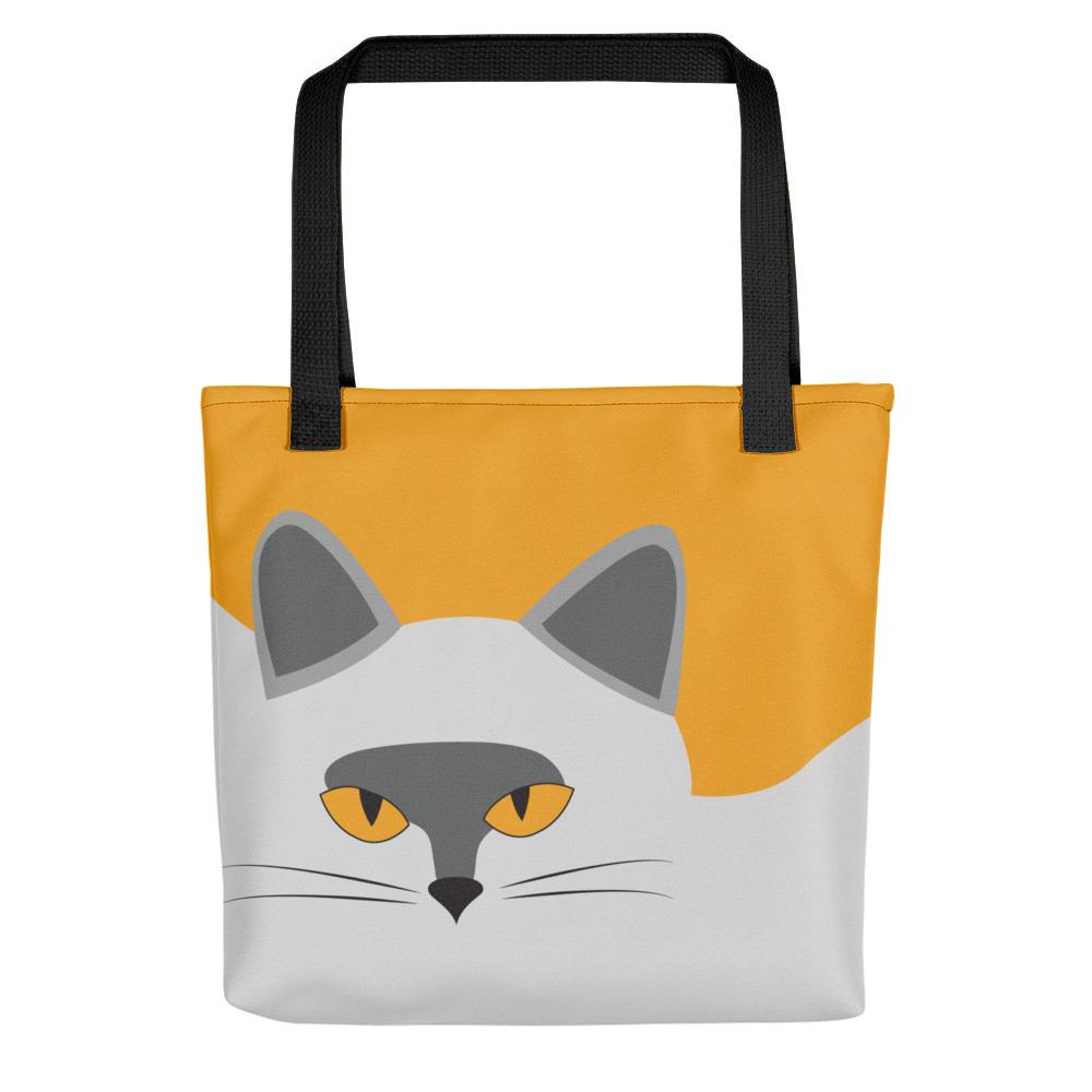 Inscrutable Cat Smoky Cat Gold Tote bag in Black Handle Front View