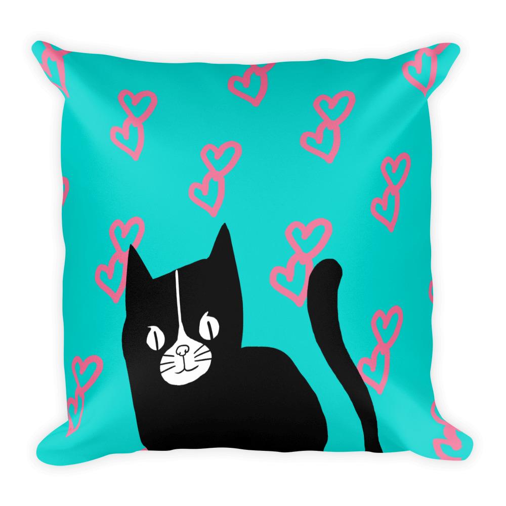 Evil Cat Hearts Pink Square Pillow in Teal Background
