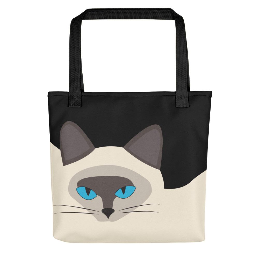 Inscrutable Cat Siamese Cat Black Tote bag in Black Handle Front