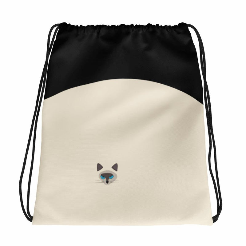 Inscrutable Cat Siamese Cat Black Drawstring bag in Back View