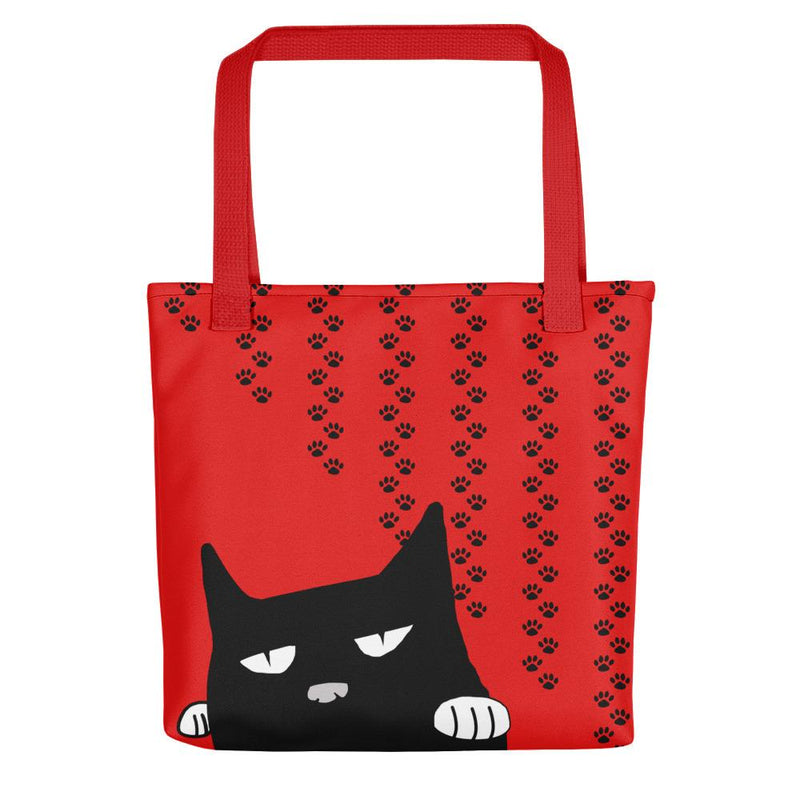 Evil Cat Pawprints Red Tote bag in Front View Red Handle