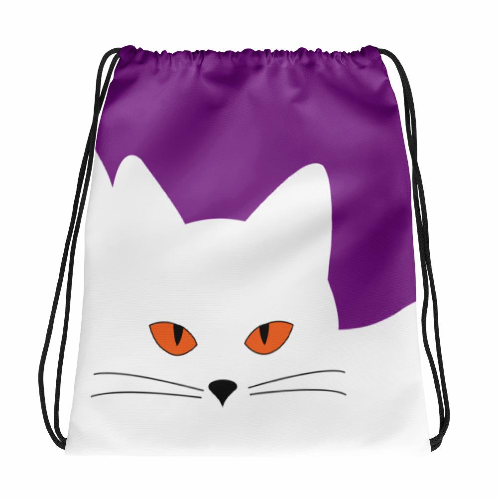 Inscrutable Cat Juicy Fruity Plum Drawstring bag in Front View