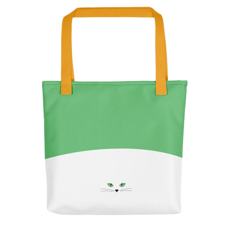 Inscrutable Cat Juicy Fruity Kiwi Tote bag Back View in Yellow Handle