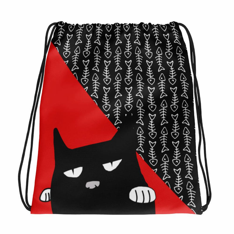 Evil Cat Fishbone Red Drawstring bag Black Cat in Front View
