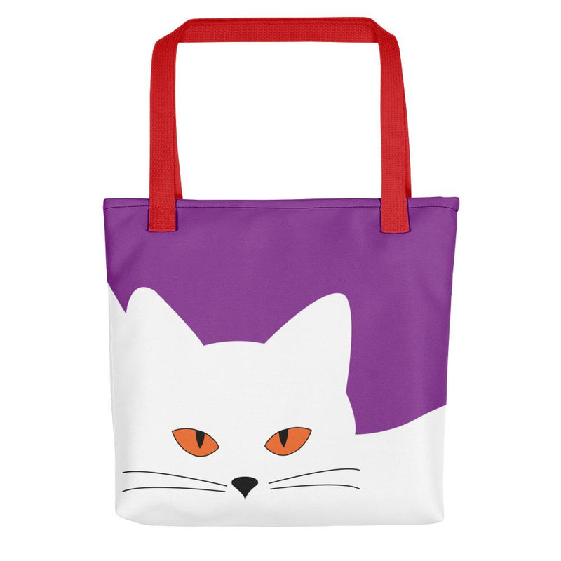 Inscrutable Cat Juicy Fruity Plum Tote bag Front View in Red Handle