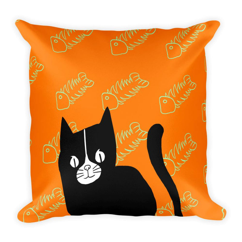 Evil Cat Fishbone Lime Square Pillow in Orange Background
