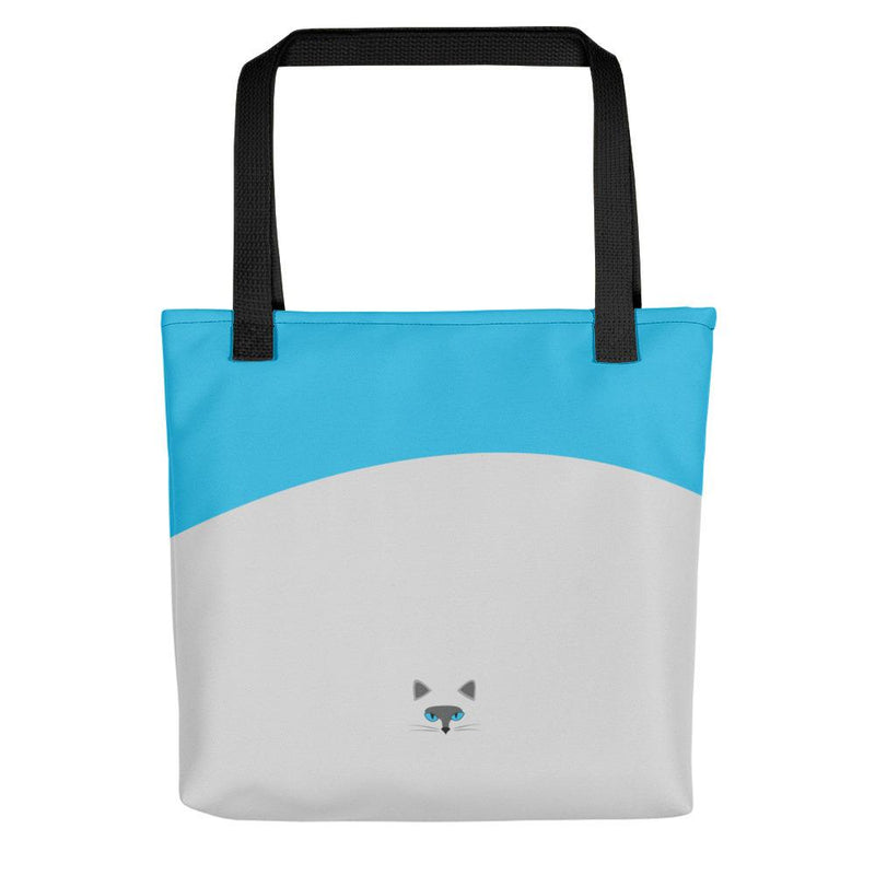 Inscrutable Cat Smoky Cat Blue Tote bag in Black Handle Back View
