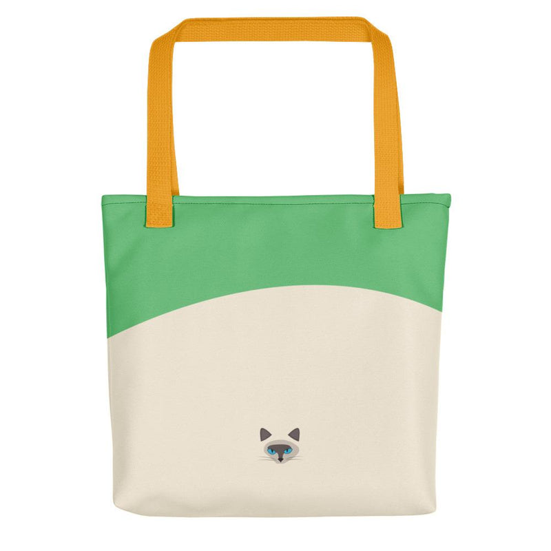 Inscrutable Cat 'Siamese Cat Green' Tote bag in Yellow Handle Back