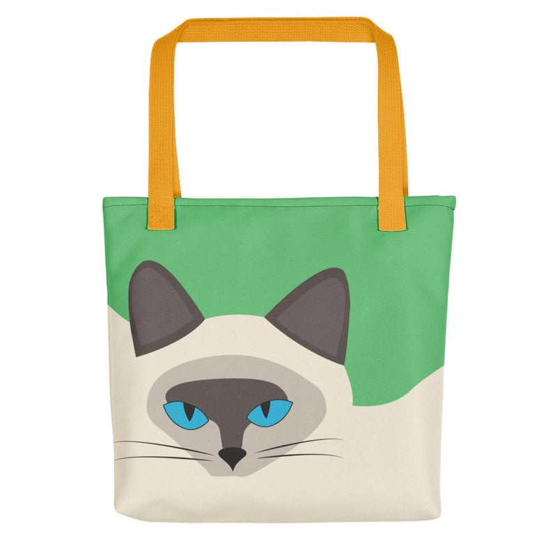 Inscrutable Cat 'Siamese Cat Green' Tote bag in Yellow Handle Front