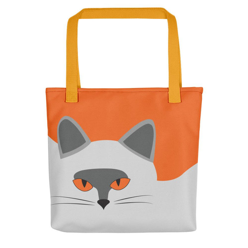 Inscrutable Cat Smoky Cat Orange Tote bag in Yellow Handle Front View