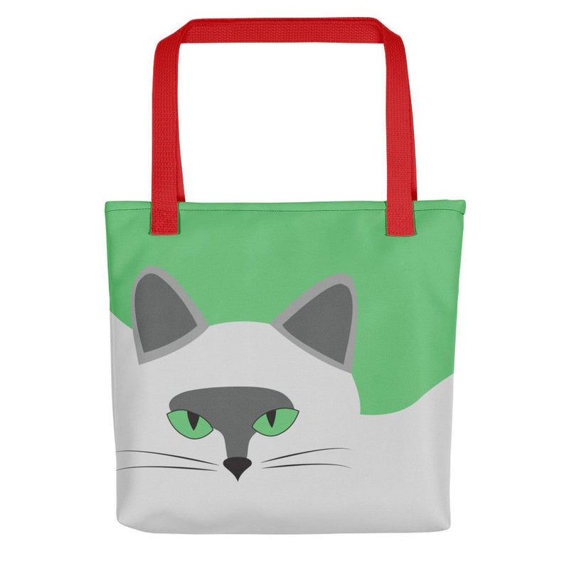 Inscrutable Cat Smoky Cat Red Tote bag in Black Handle Front View