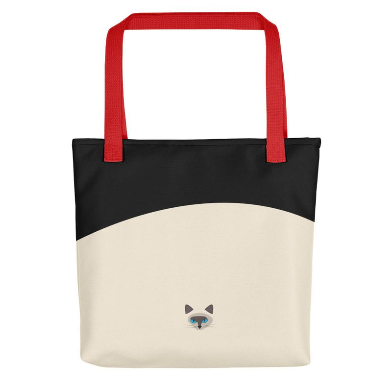 Inscrutable Cat Siamese Cat Black Tote bag in Red Handle Back