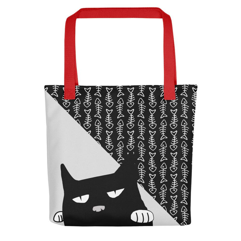 Evil Cat Fishbone Blue Tote bag in front view red handle