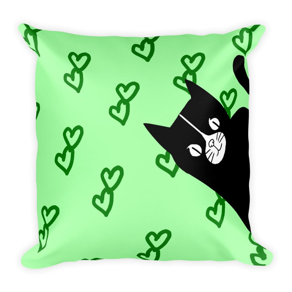 Evil Cat Hearts GreenSquare Pillow in Light Green Background
