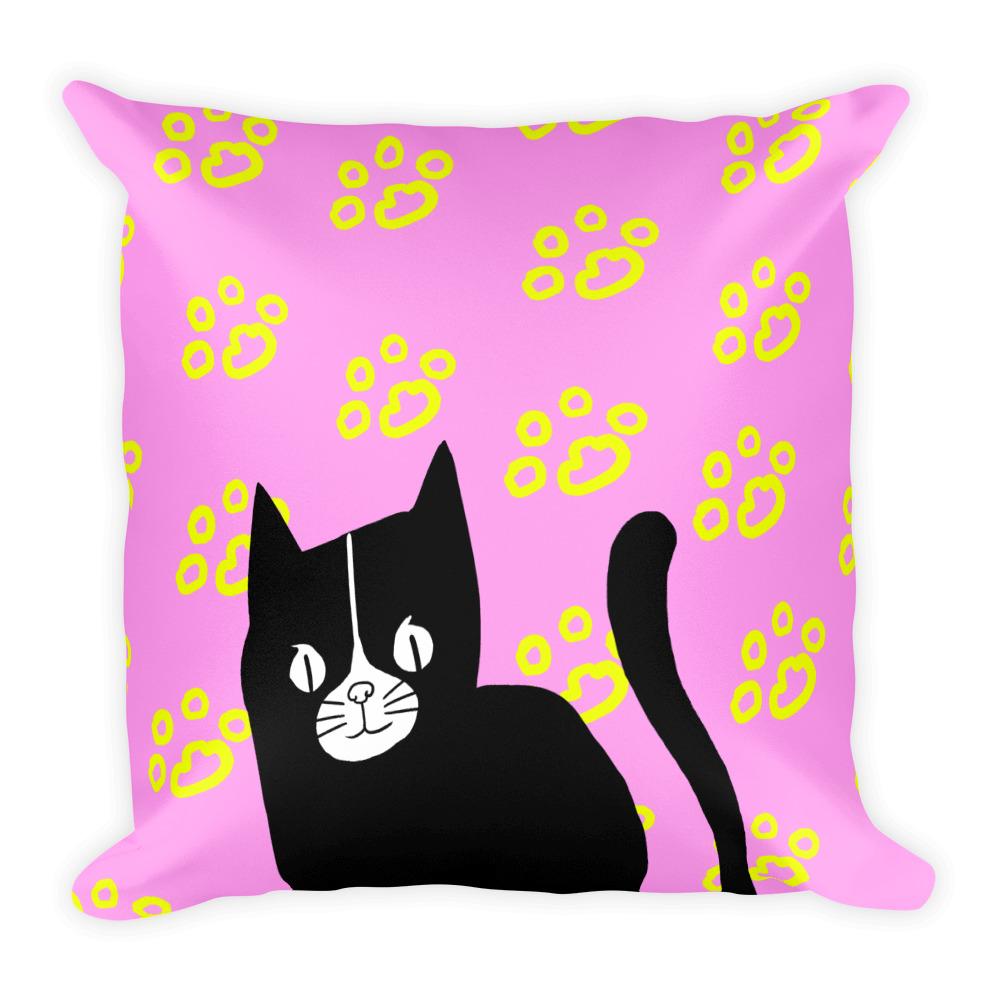 Evil Cat Paw Prints Yellow Square Pillow in Pink Background