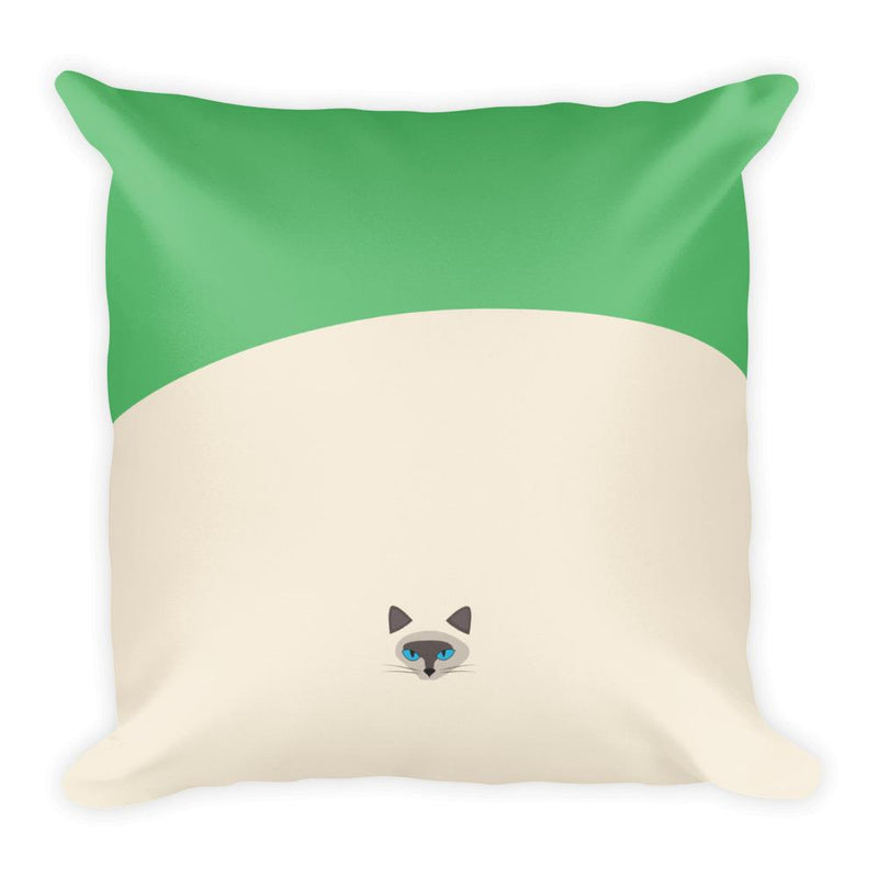 Inscrutable Cat Siamese Cat Green Square Pillow in Back View