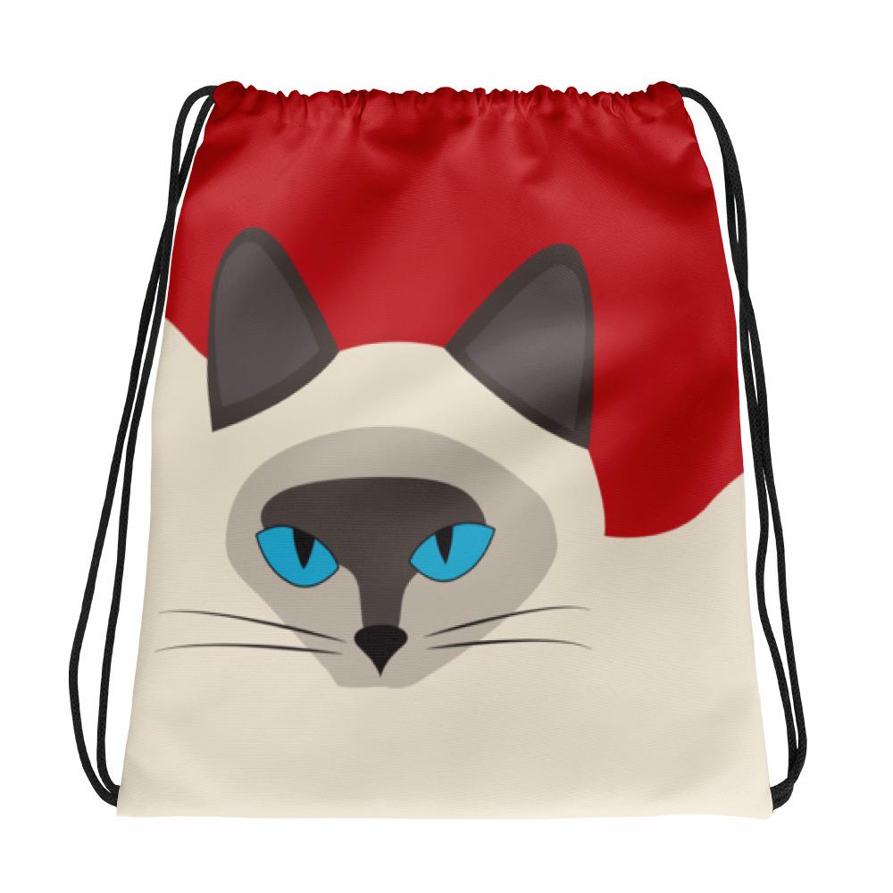 Inscrutable Cat Siamese Cat Red Drawstring bag in Front View